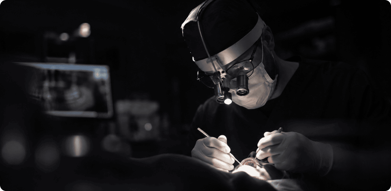 Dentista con lenti d’ingrandimento durante una visita – odontoiatria generale e prevenzione
